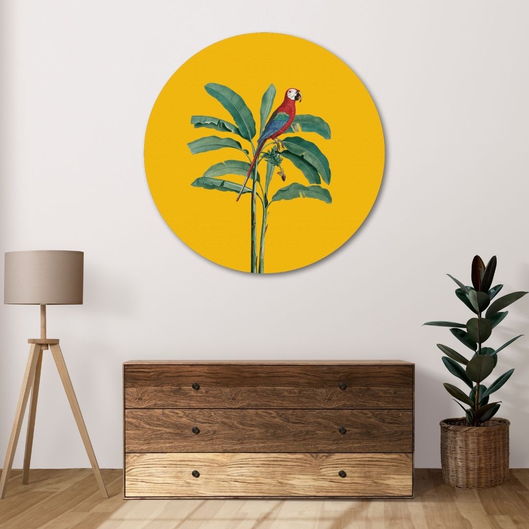 Banana Leaf & Parrot Circular Canvas Frame Circular Canvas Frame Premium Wall Art Canvas by MeriDeewar