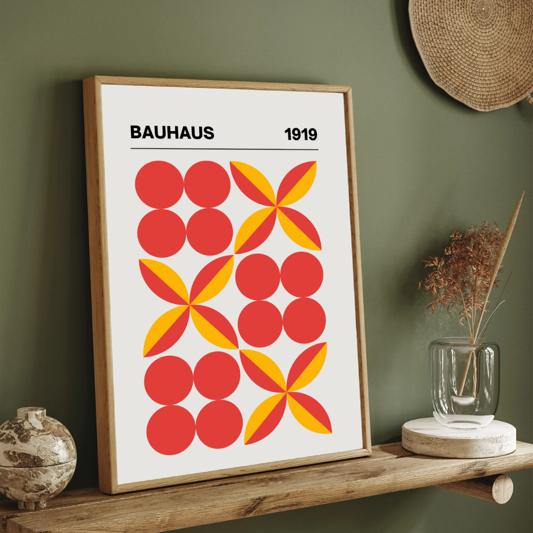Bauhaus 1919 Geometric Floral Poster | Retro Red & Yellow Framed Print 2 : 3 Vertical Premium Wall Art Canvas by MeriDeewar