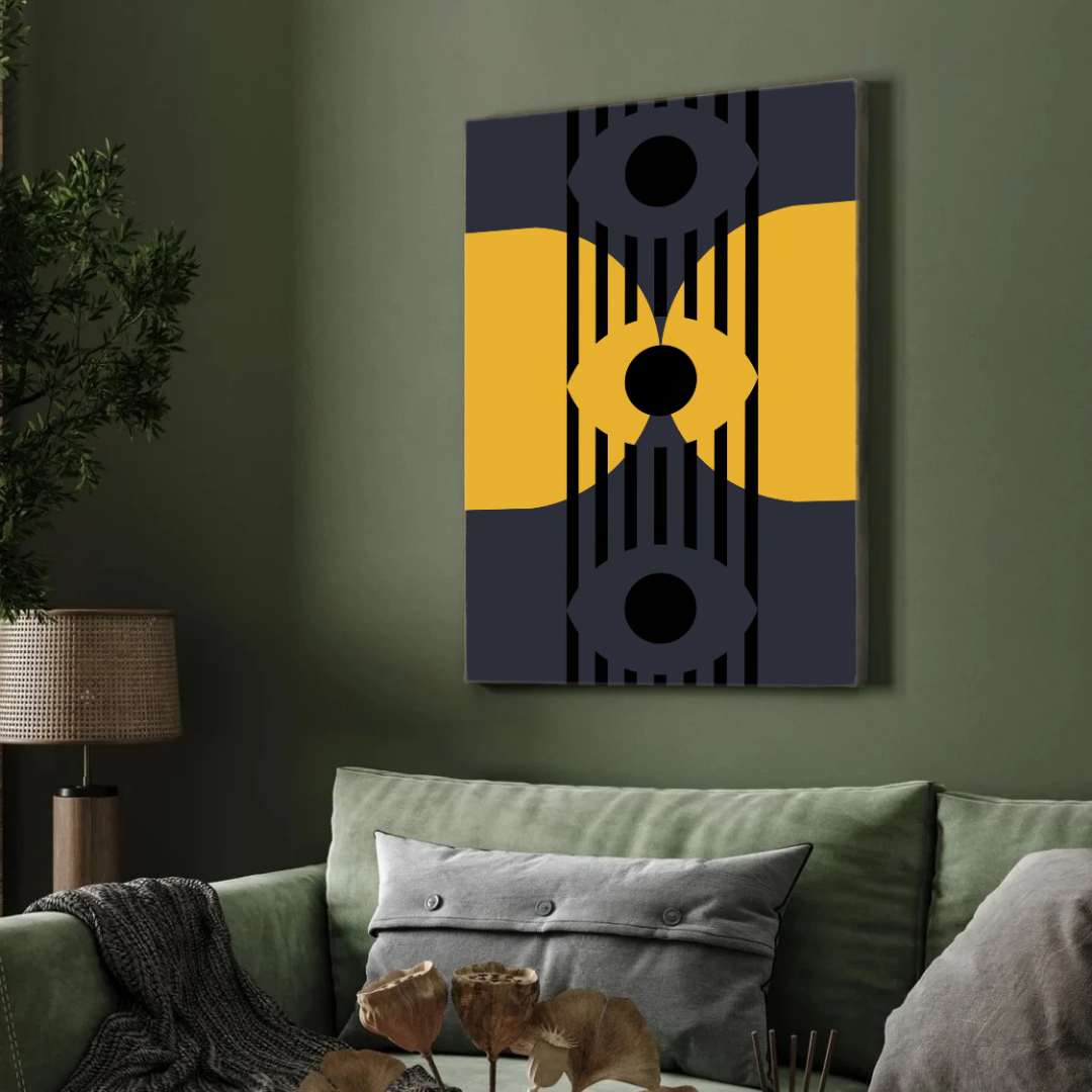 Bauhaus Geometric Dark Abstract Eyes Wall Art | Mustard & Navy Retro Framed Print 2 : 3 Vertical Premium Wall Art Canvas by MeriDeewar