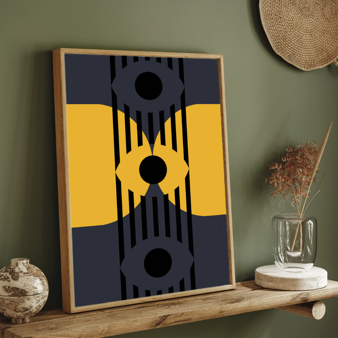 Bauhaus Geometric Dark Abstract Eyes Wall Art | Mustard & Navy Retro Framed Print 2 : 3 Vertical Premium Wall Art Canvas by MeriDeewar