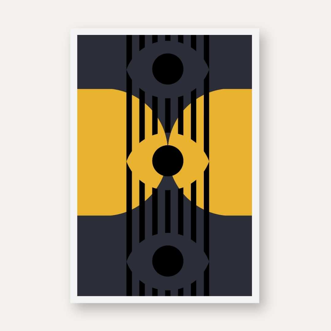 Bauhaus Geometric Dark Abstract Eyes Wall Art | Mustard & Navy Retro Framed Print 2 : 3 Vertical Premium Wall Art Canvas by MeriDeewar