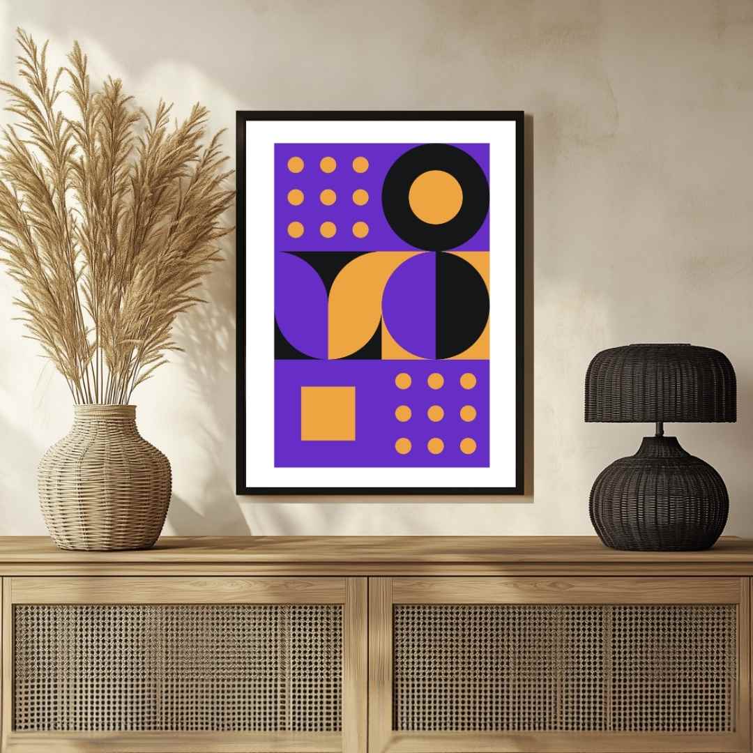 Bauhaus Geometric Purple & Mustard Wall Art | Retro Minimalist Framed Print 2 : 3 Vertical Premium Wall Art Canvas by MeriDeewar