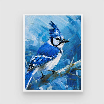 Beautiful Blue Jay Bird Painting – Enhance Your Living Room Decor 3 : 4 Vertical New Premium Wall Art Canvas by MeriDeewar
