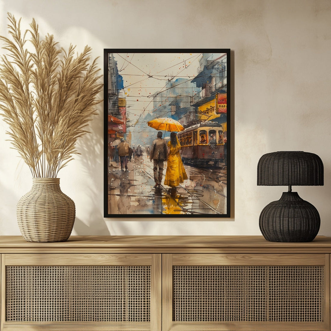 Beautiful Couple in Rain - Watercolor Painting for Home Decor 3 : 4 Vertical New Premium Wall Art Canvas by MeriDeewar