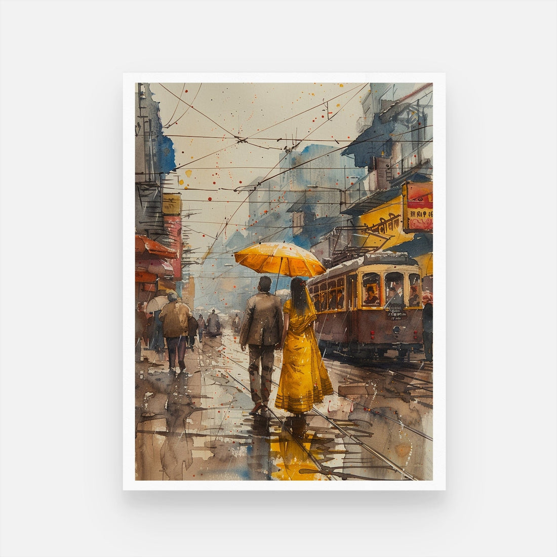 Beautiful Couple in Rain - Watercolor Painting for Home Decor 3 : 4 Vertical New Premium Wall Art Canvas by MeriDeewar