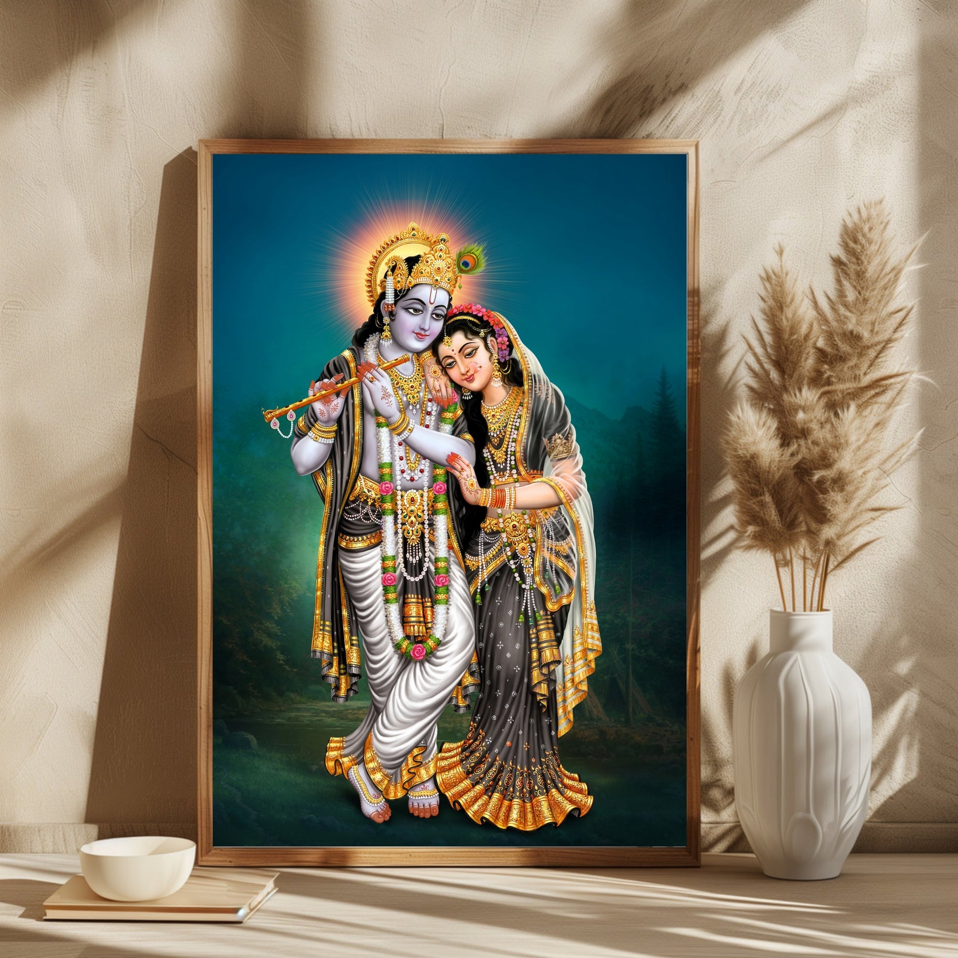 Beautiful Radha Krishna with bansuri Wall Painting by MeriDeewar Big Size Multiple Frames,for Living Room, Bedroom, Office, Hotels, Drawing Room 2 : 3 Vertical Premium Wall Art Canvas by MeriDeewar