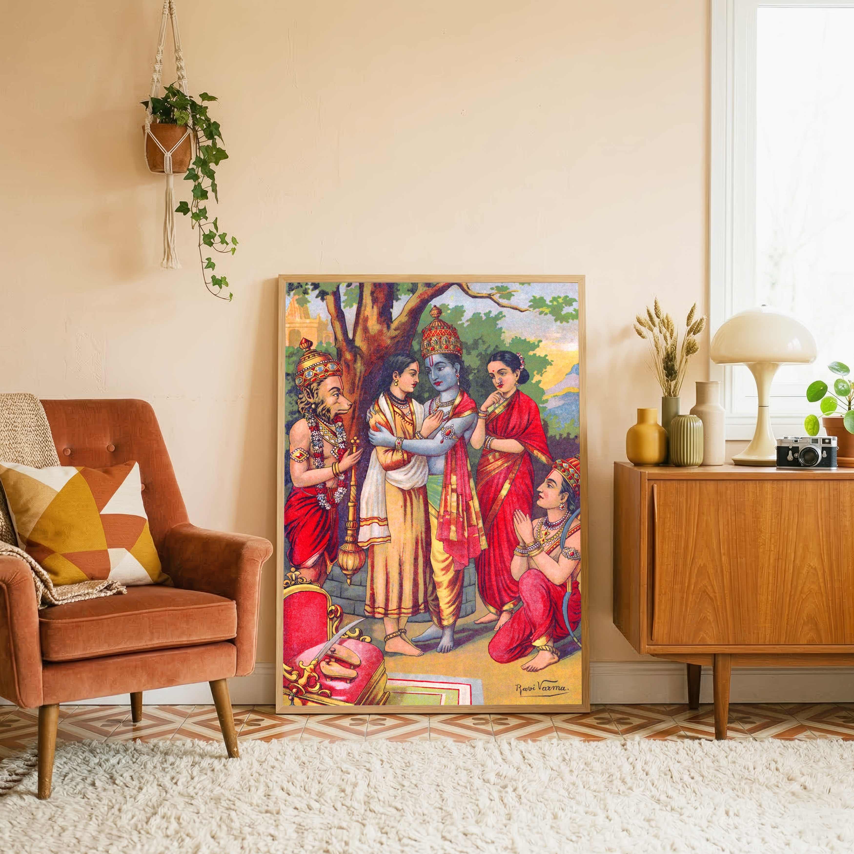 Bharat Milap Ramayan Painting for Pooja Room | Raja Ravi Varma Spiritual Wall Art 2 : 3 Vertical Premium Wall Art Canvas by MeriDeewar