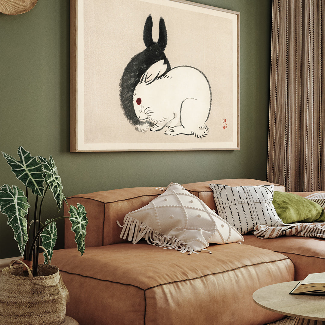 Black And White Rabbits by Kono Bairei 3 : 4 Horizontal New Premium Wall Art Canvas by MeriDeewar