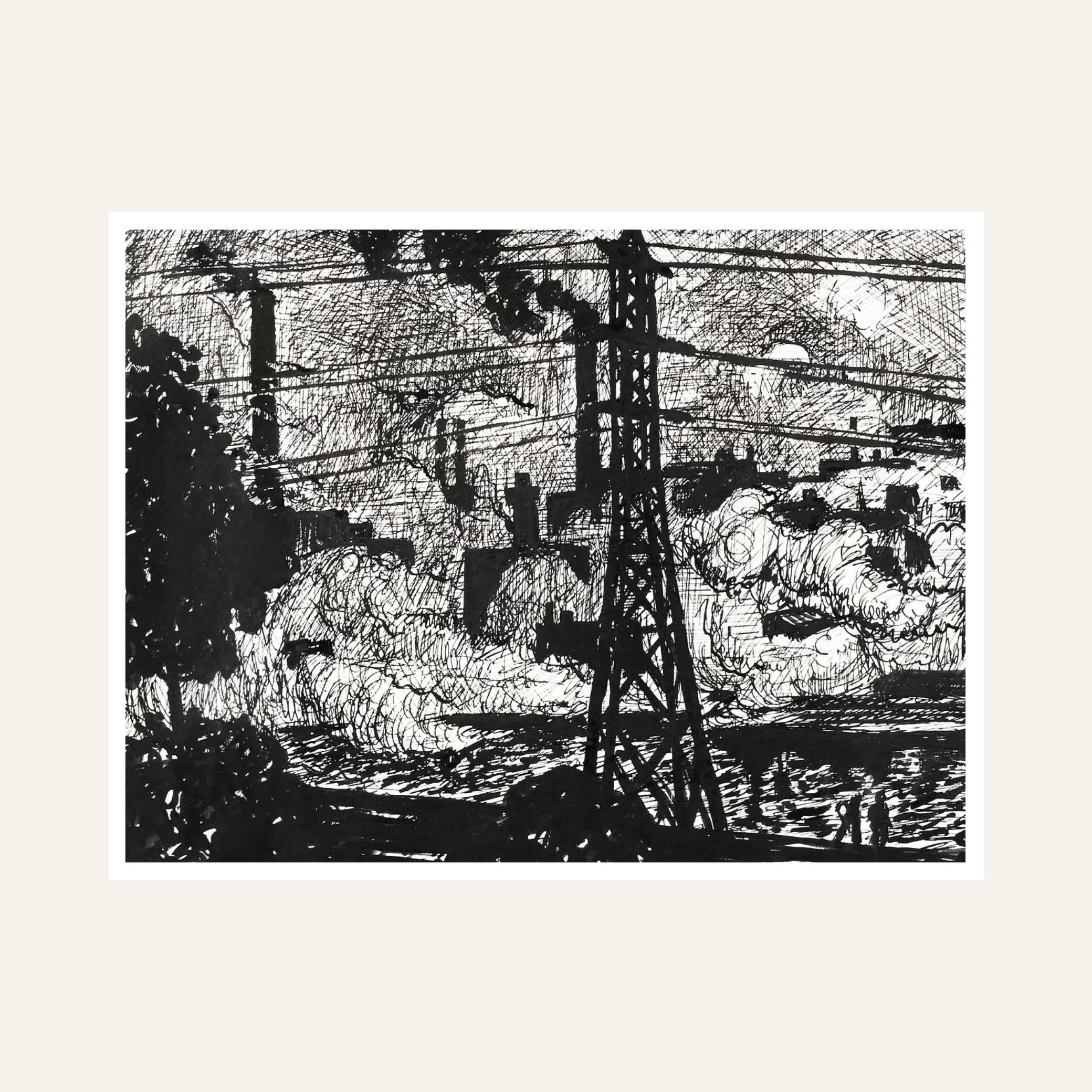 Black & White Industrial Cityscape Painting for Living Room | Ink Sketch Wall Art Print 6 : 5 Horizontal Premium Wall Art Canvas by MeriDeewar