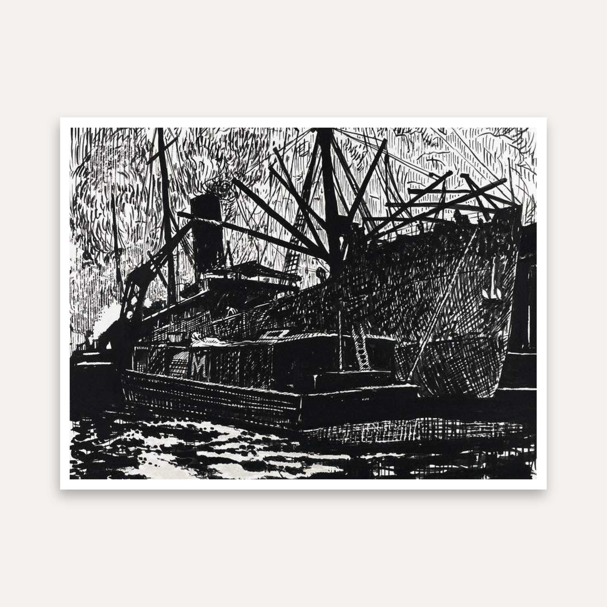 Black & White Ship Painting for Living Room | Vintage Nautical Wall Art | Giclée Print 4 : 3 Horizontal Premium Wall Art Canvas by MeriDeewar