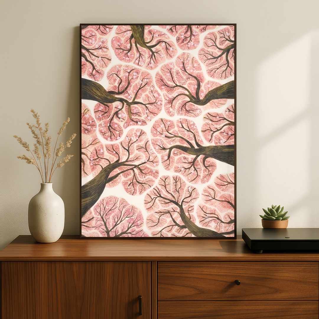 "Blooming Canopy" Cherry Blossom Tree Art Poster | Vertical Borderless Art Frame Poster Premium Wall Art Canvas by MeriDeewar