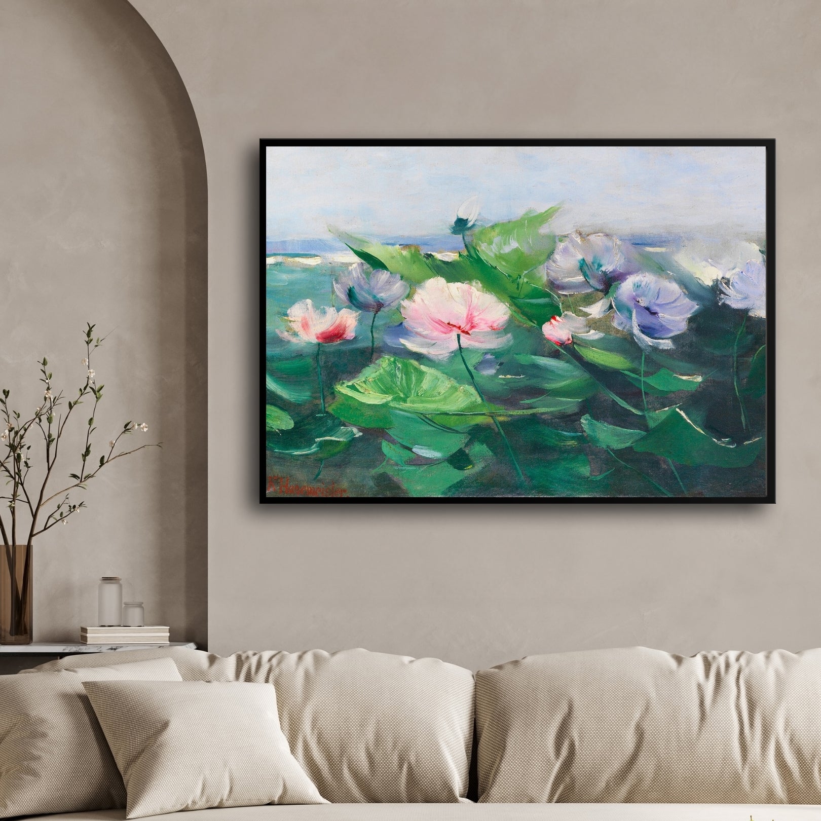 Blooming Lotus Garden – Impressionist Floral Wall Art 2 : 3 Horizontal Premium Wall Art Canvas by MeriDeewar