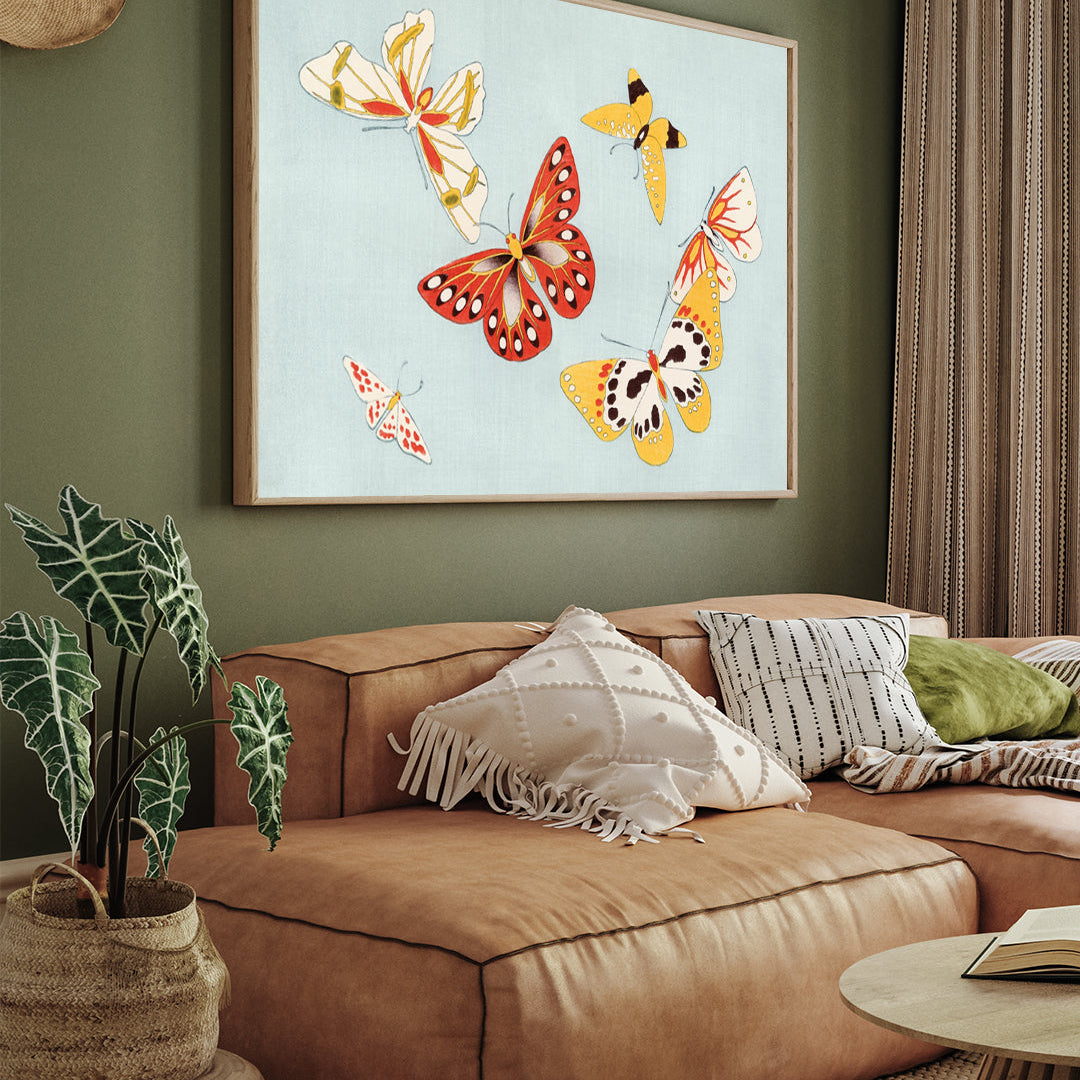 Blue Butterflies Sketch Painting By Kamisaka Sekka 3 : 4 Horizontal New Premium Wall Art Canvas by MeriDeewar