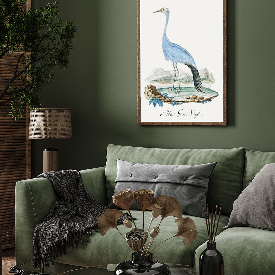 Blue Crane Bird Vintage Painting 3 : 4 Vertical New Premium Wall Art Canvas by MeriDeewar