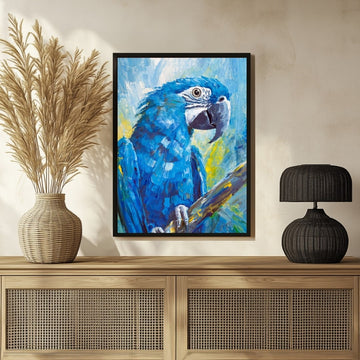 Blue-hooded Parrot on a branch 3 : 4 Vertical New Premium Wall Art Canvas by MeriDeewar