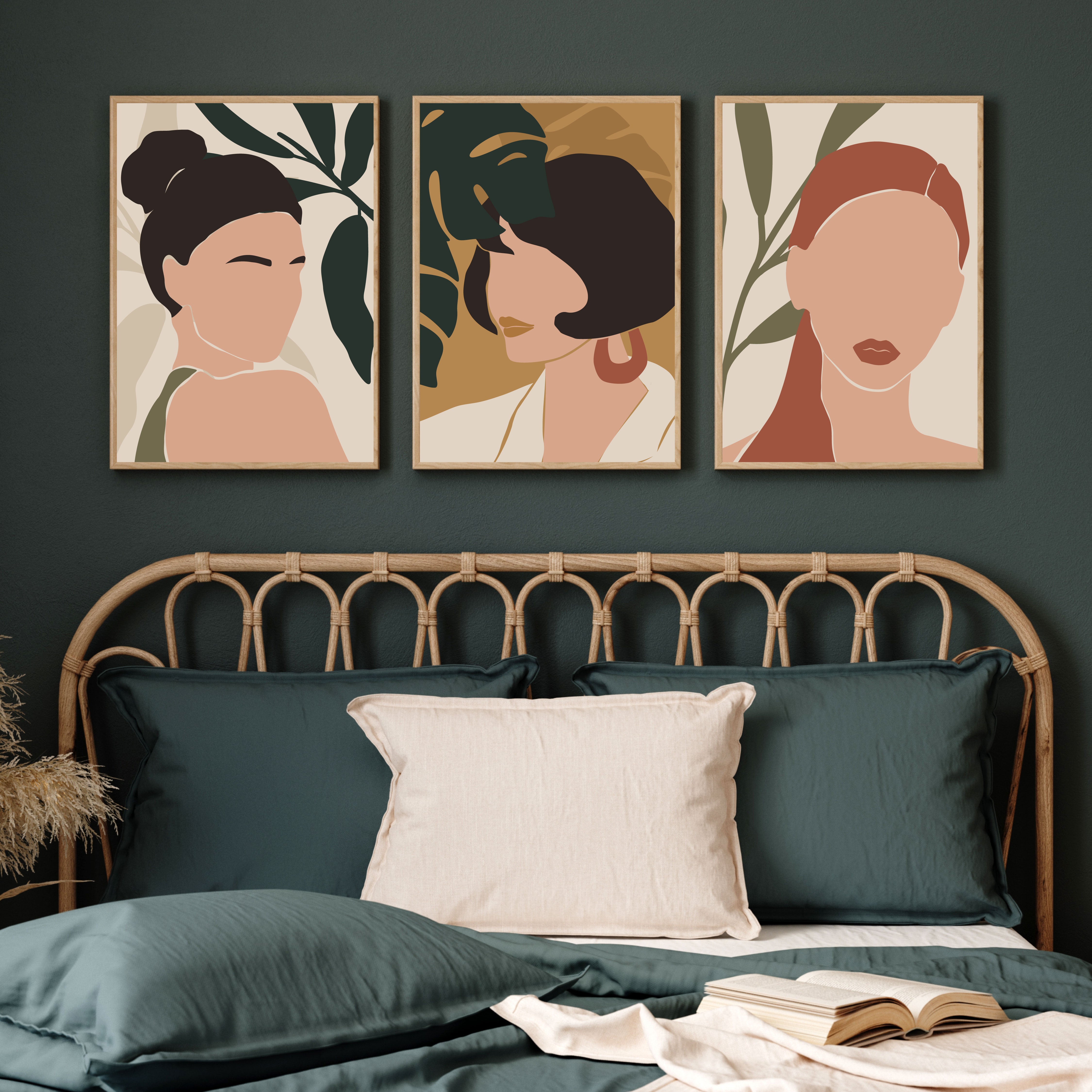 boho abstract woman portrait set of 3 Walls Premium Wall Art Canvas by MeriDeewar
