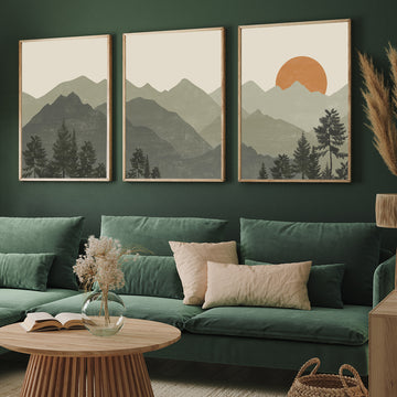 Boho Green Mountain Set of 3 Walls Premium Wall Art Canvas by MeriDeewar