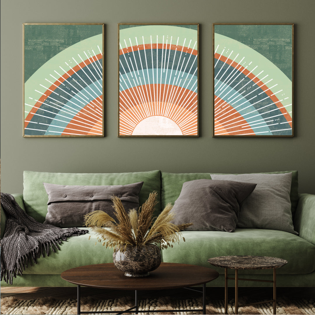 Boho Terracotta Orange Green Set of 3 Walls Premium Wall Art Canvas by MeriDeewar