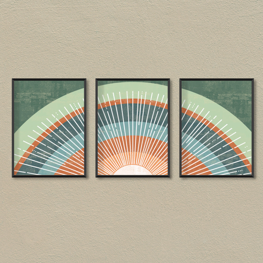 Boho Terracotta Orange Green Set of 3 Walls Premium Wall Art Canvas by MeriDeewar