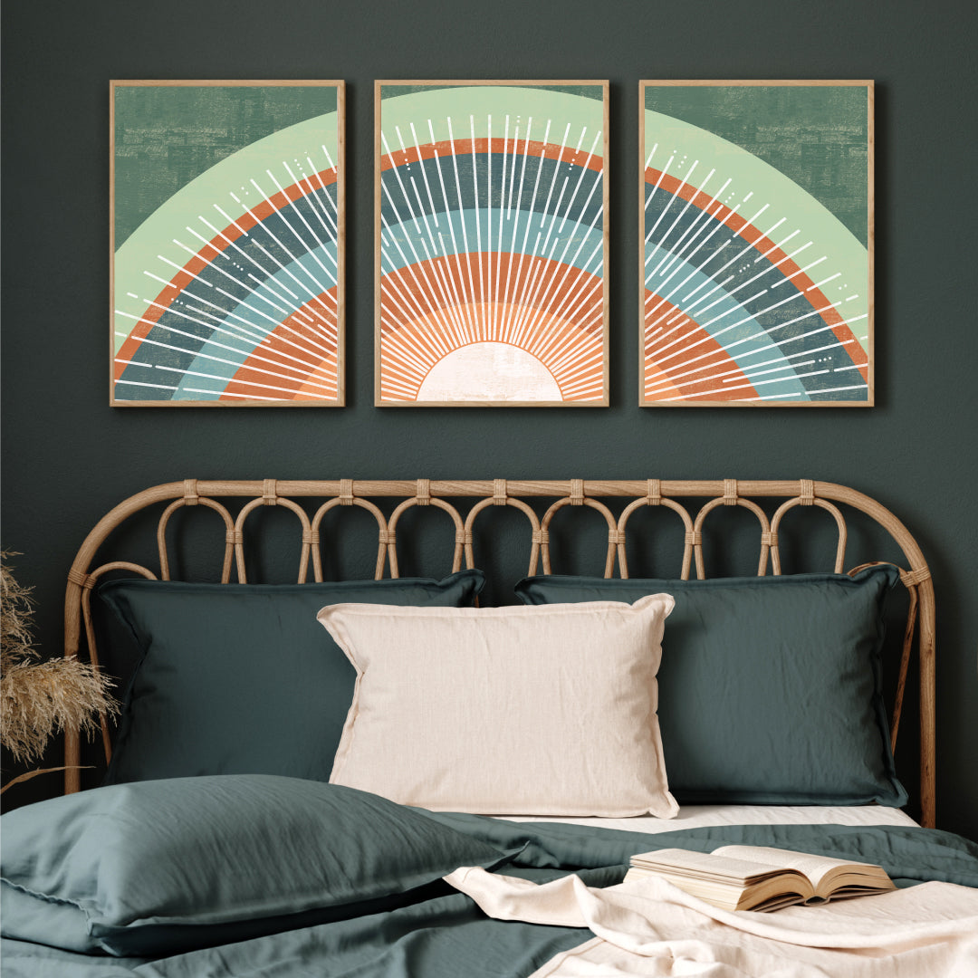 Boho Terracotta Orange Green Set of 3 Walls Premium Wall Art Canvas by MeriDeewar