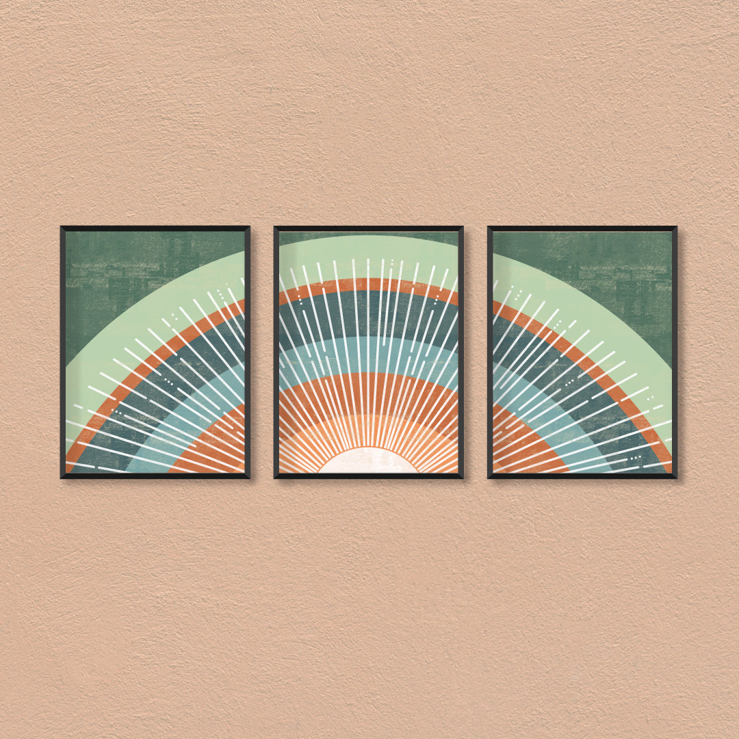 Boho Terracotta Orange Green Set of 3 Walls Premium Wall Art Canvas by MeriDeewar