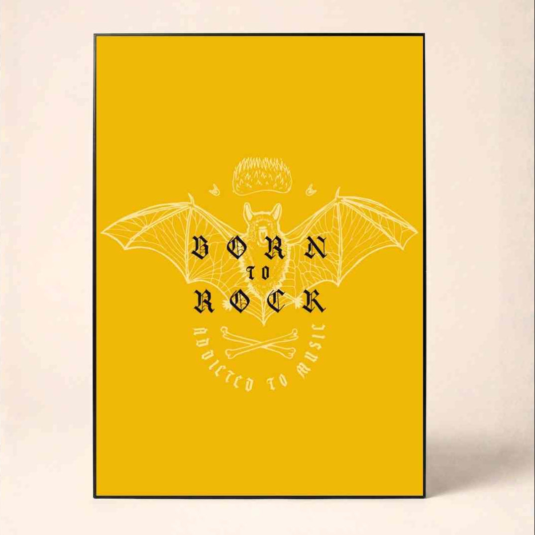 "Born To Rock" Bat Graphic Poster | Vertical Borderless Art Frame Poster Premium Wall Art Canvas by MeriDeewar