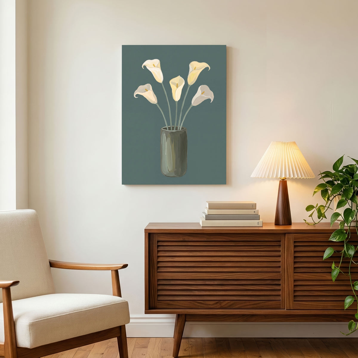 Calla in Teal | Modern Minimalist Calla Lily Still Life Wall Art 3 : 4 Vertical Premium Wall Art Canvas by MeriDeewar