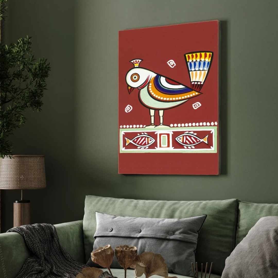 "Stylized Bird with Fish" Jamini Roy Painting | Fine Art Wall Art 2 : 3 Vertical Premium Wall Art Canvas by MeriDeewar