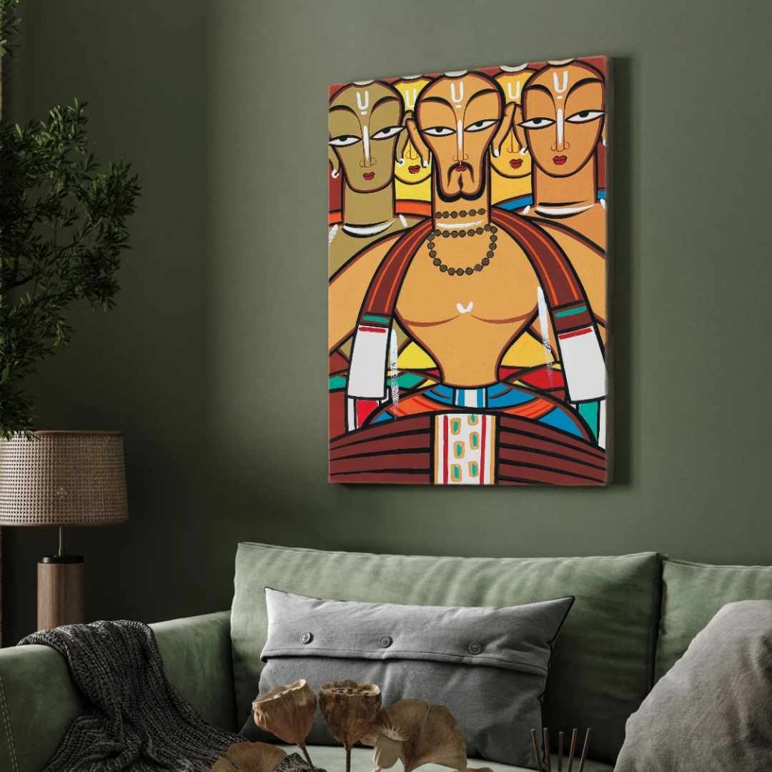 "Three Drummers" Jamini Roy Painting | Fine Art Wall Art 2 : 3 Vertical Premium Wall Art Canvas by MeriDeewar