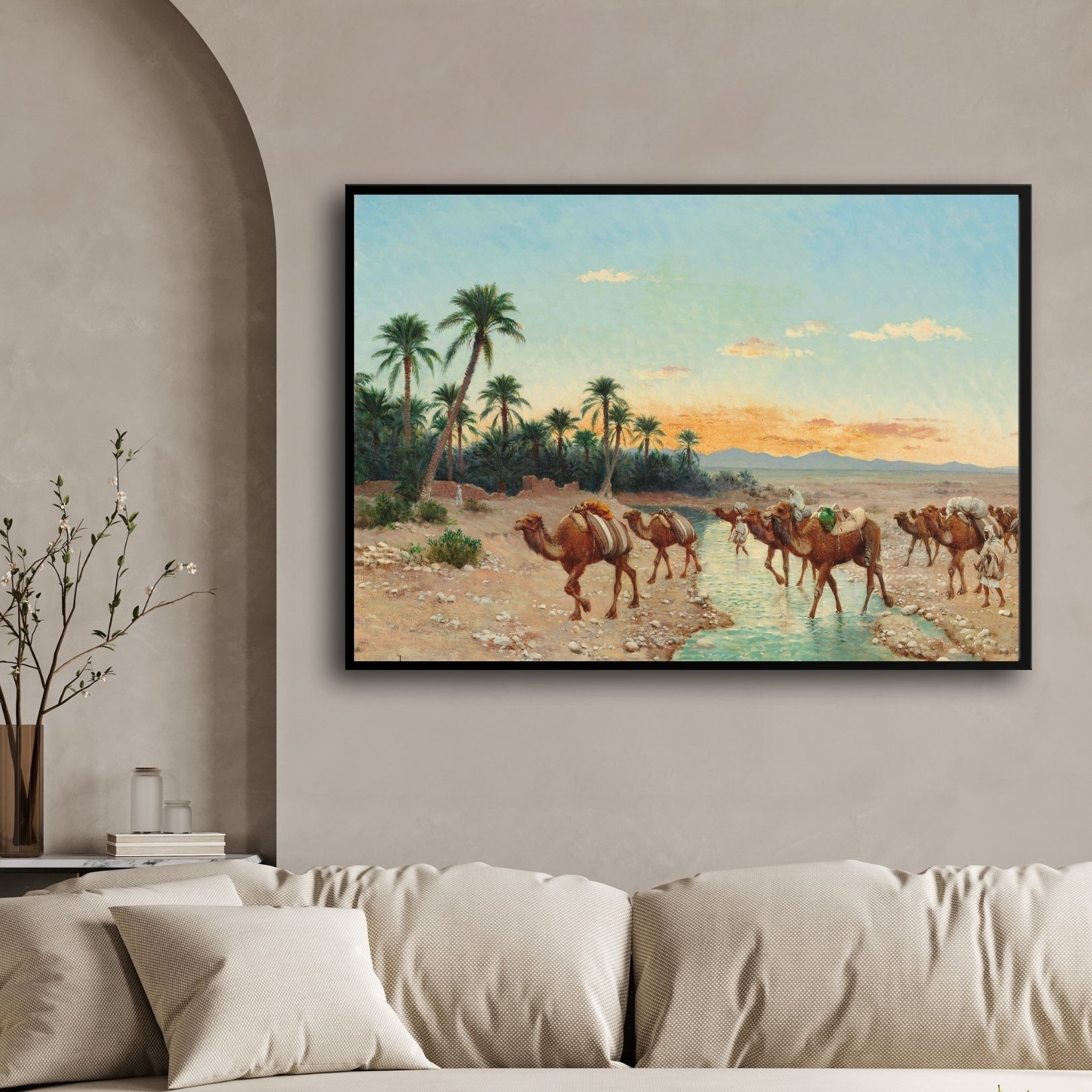 Caravan at Dusk – Orientalist Oasis Landscape 2 : 3 Horizontal Premium Wall Art Canvas by MeriDeewar