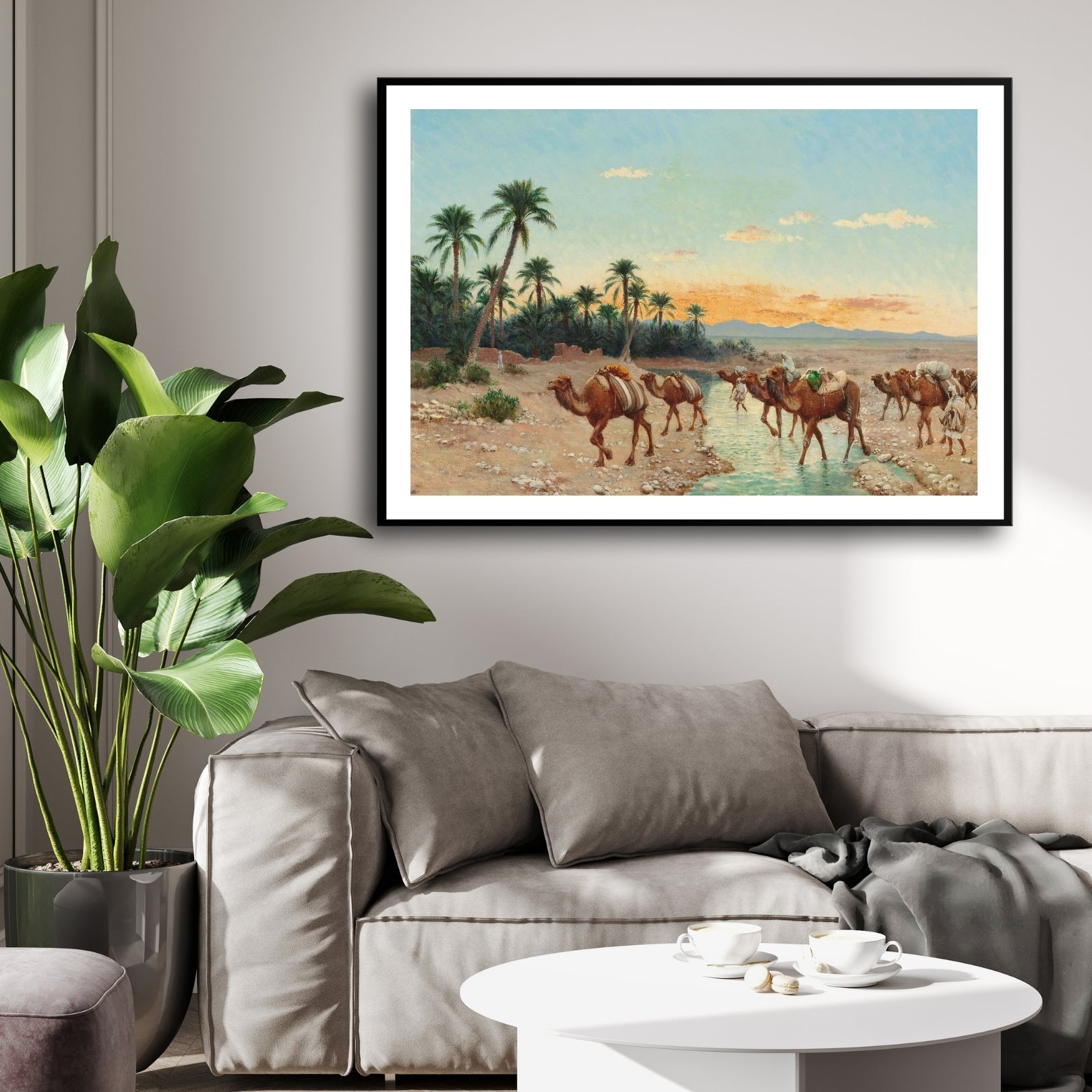 Caravan at Dusk – Orientalist Oasis Landscape 2 : 3 Horizontal Premium Wall Art Canvas by MeriDeewar