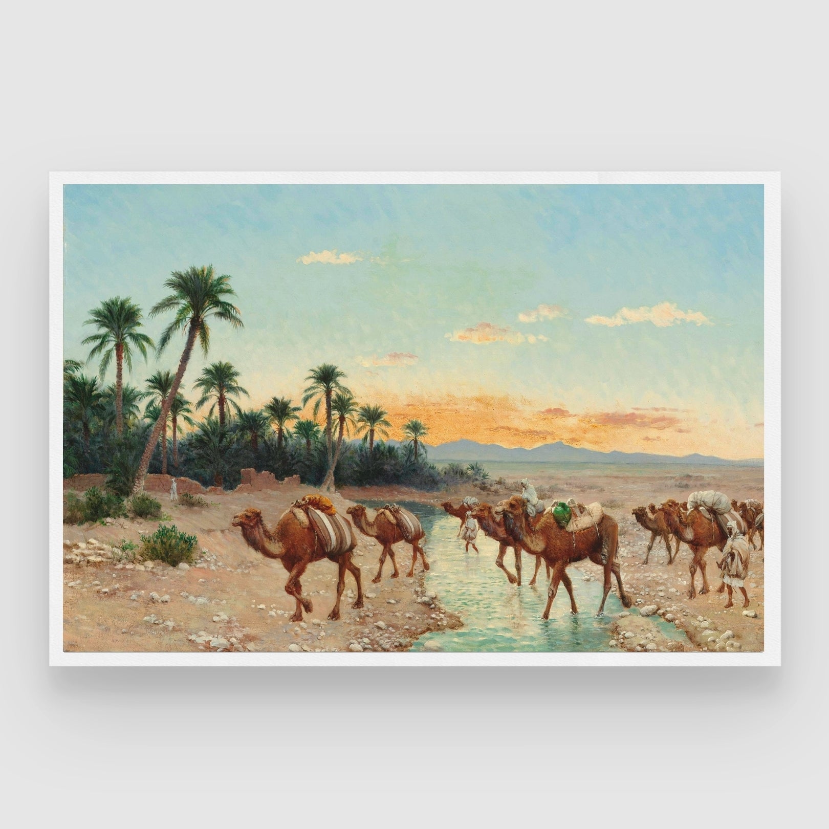 Caravan at Dusk – Orientalist Oasis Landscape 2 : 3 Horizontal Premium Wall Art Canvas by MeriDeewar