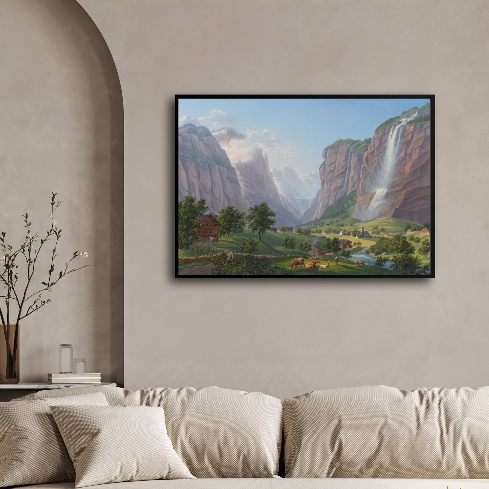 Cascading Tranquility β Alpine Waterfall & Valley Farm Wall Art 2 : 3 Horizontal Premium Wall Art Canvas by MeriDeewar