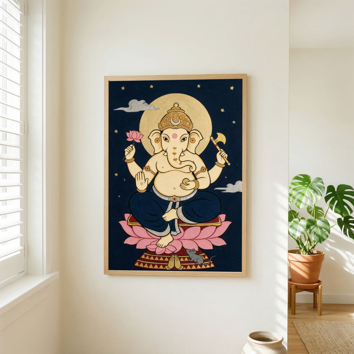 Celestial Ganapati | Traditional Indian Folk Style Night Sky Sacred Wall Art 3 : 4 Vertical Premium Wall Art Canvas by MeriDeewar
