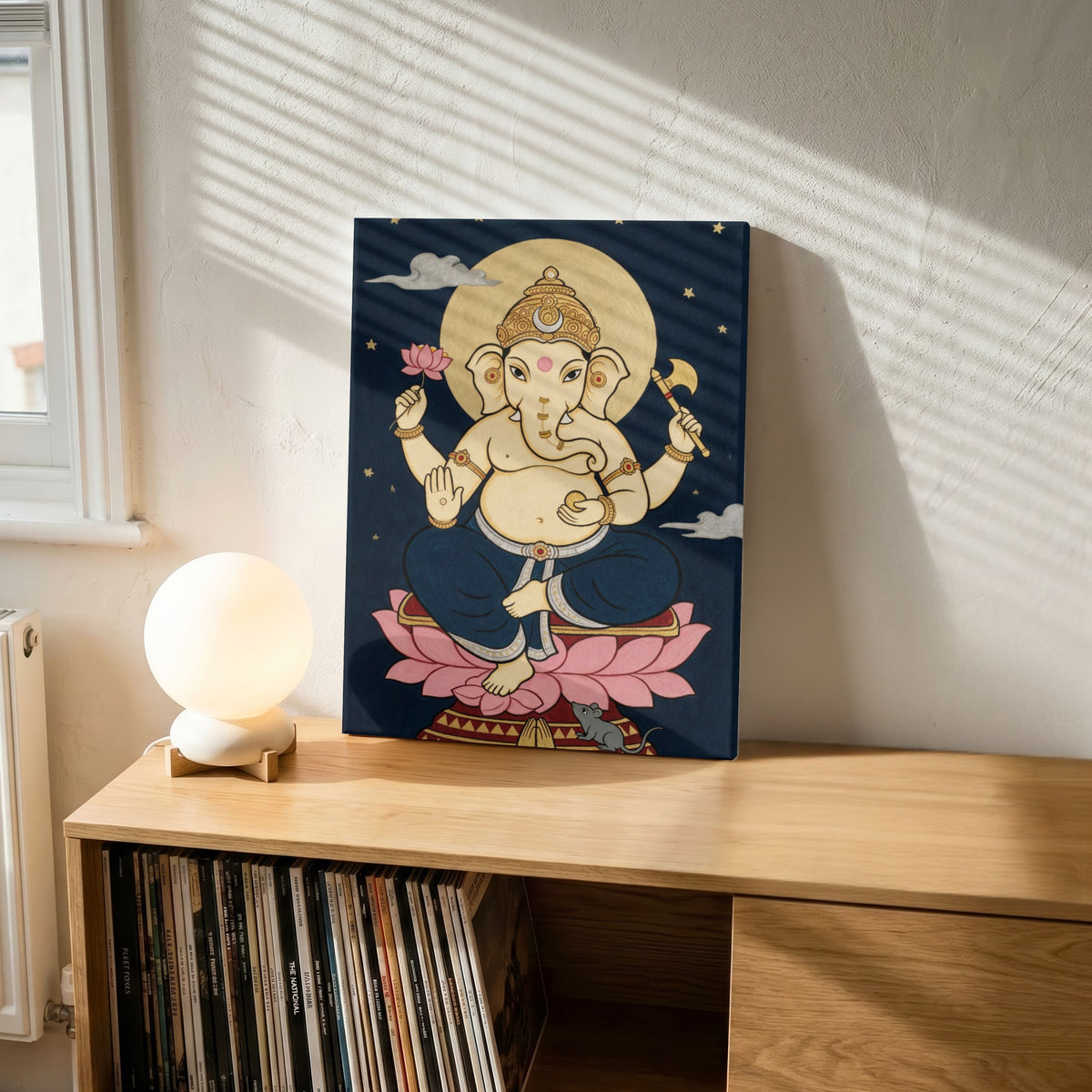 Celestial Ganapati | Traditional Indian Folk Style Night Sky Sacred Wall Art 3 : 4 Vertical Premium Wall Art Canvas by MeriDeewar