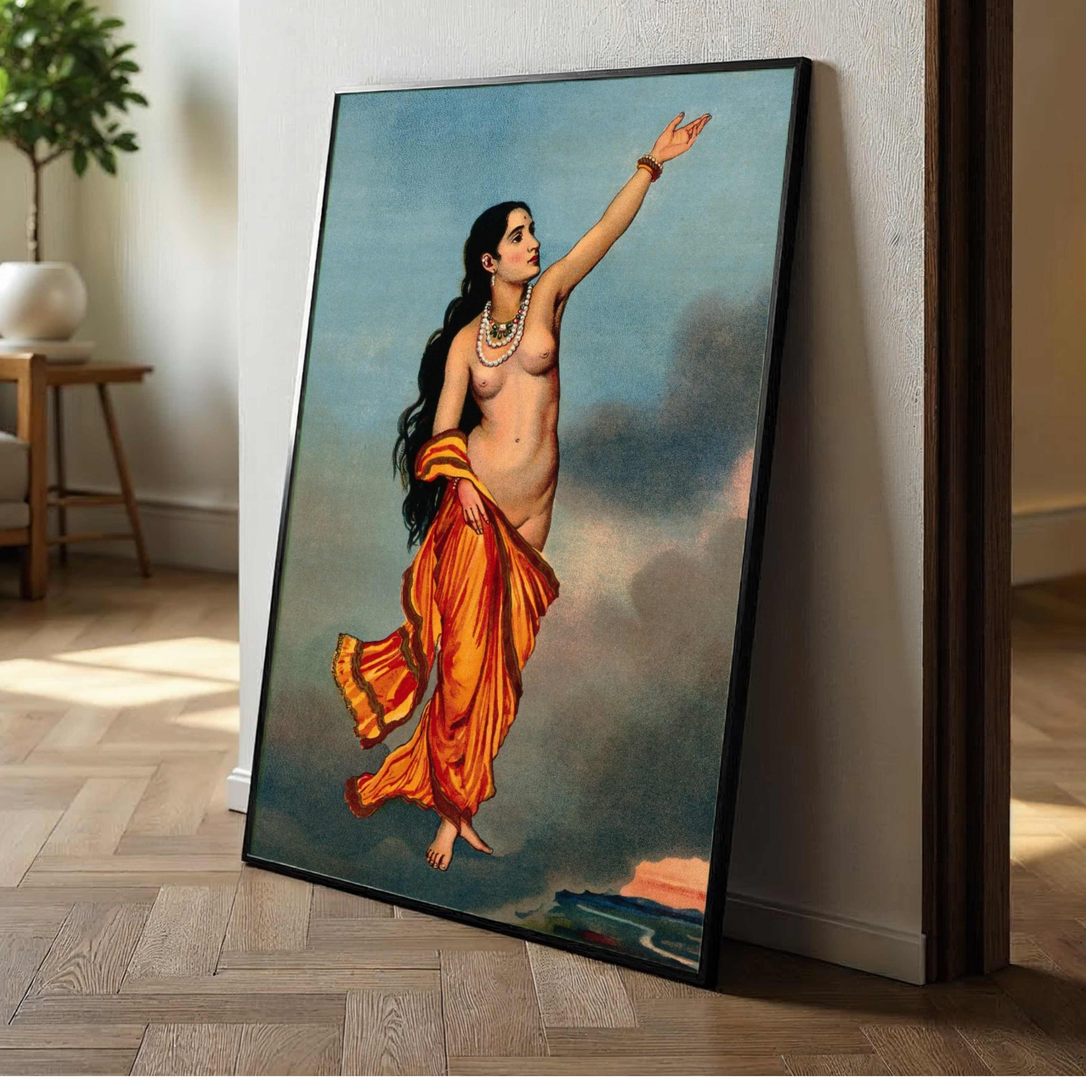 Celestial Nymph Painting by Raja Ravi Varma | Spiritual Wall Art for Living Room | Giclée Print 2 : 3 Vertical Premium Wall Art Canvas by MeriDeewar