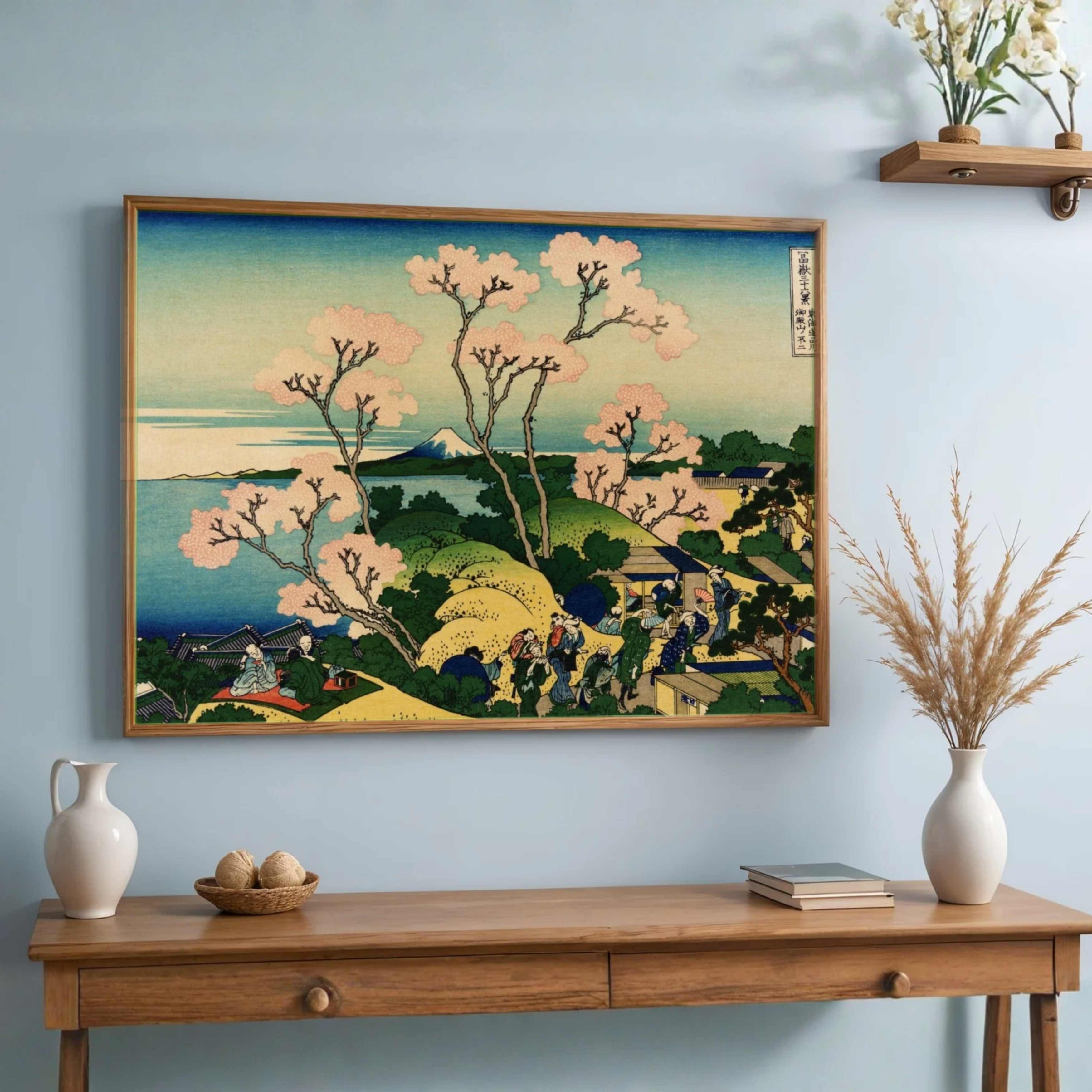 Cherry Blossom Japanese Scenery Painting for Living Room | Mount Fuji Wall Art | Hokusai Print 3 : 2 Horizontal Premium Wall Art Canvas by MeriDeewar