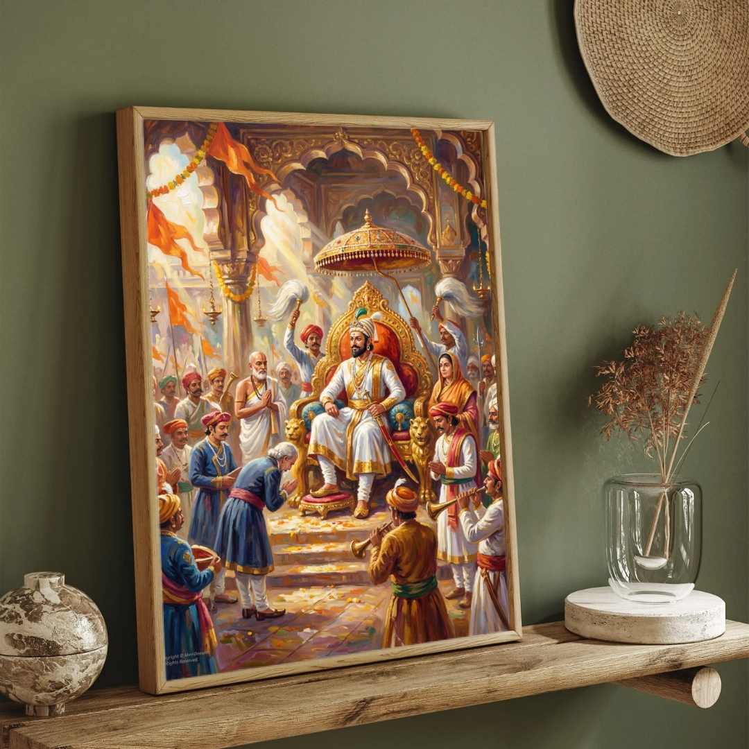 Chhatrapati Shivaji Maharaj Coronation Rajyabhishek Painting | Vertical Maratha Heritage Black Framed Wall Art 3 : 4 Vertical Premium Wall Art Canvas by MeriDeewar