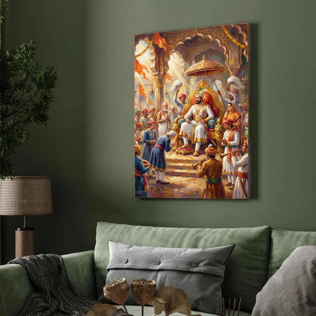 Chhatrapati Shivaji Maharaj Coronation Rajyabhishek Painting | Vertical Maratha Heritage Black Framed Wall Art 3 : 4 Vertical Premium Wall Art Canvas by MeriDeewar