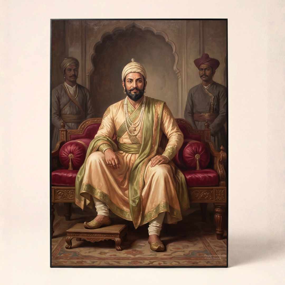 Chhatrapati Shivaji Maharaj Imperial Court Portrait | Vertical Borderless Art Frame Poster Premium Wall Art Canvas by MeriDeewar