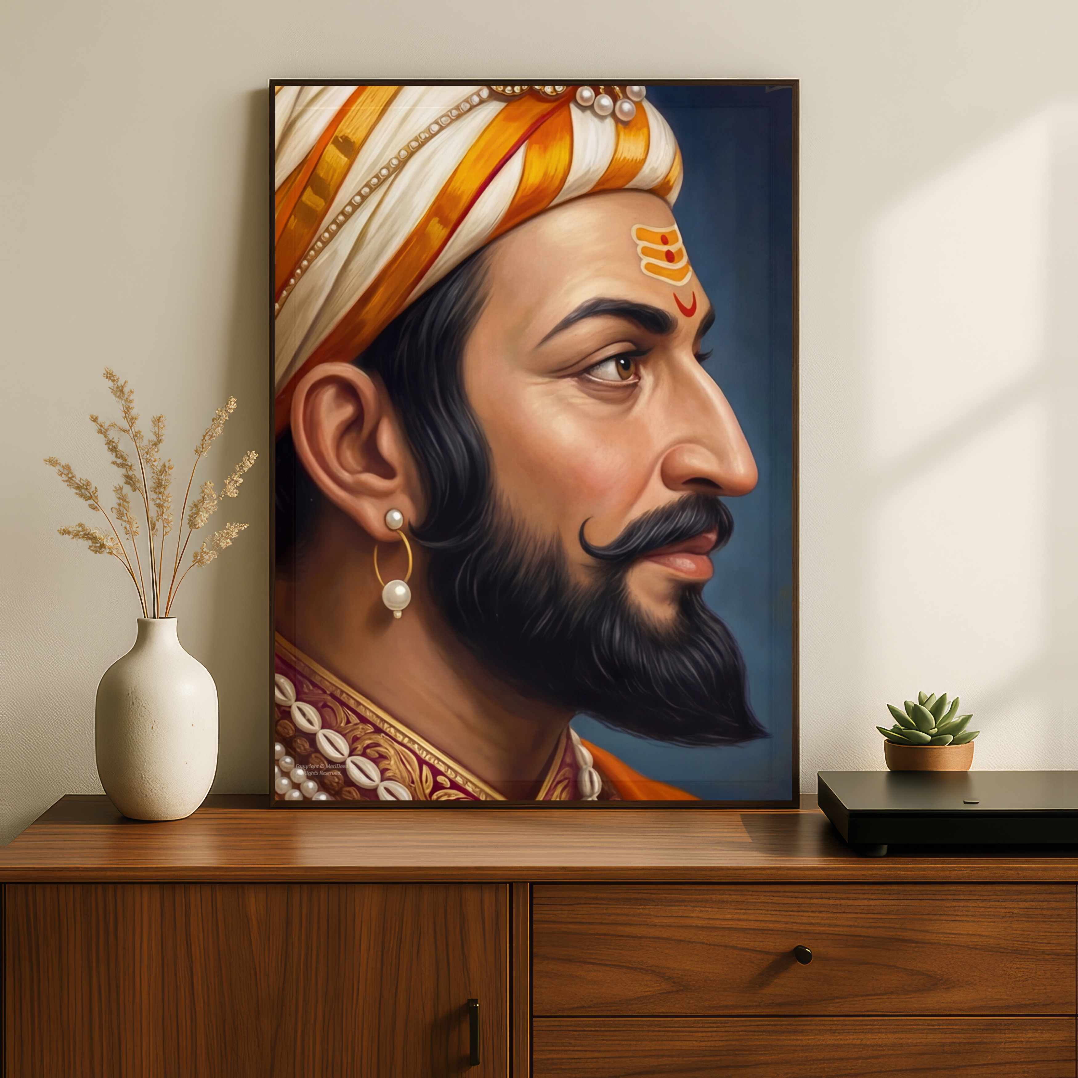 Chhatrapati Shivaji Maharaj Profile Portrait | Vertical Borderless Art Frame Poster Premium Wall Art Canvas by MeriDeewar