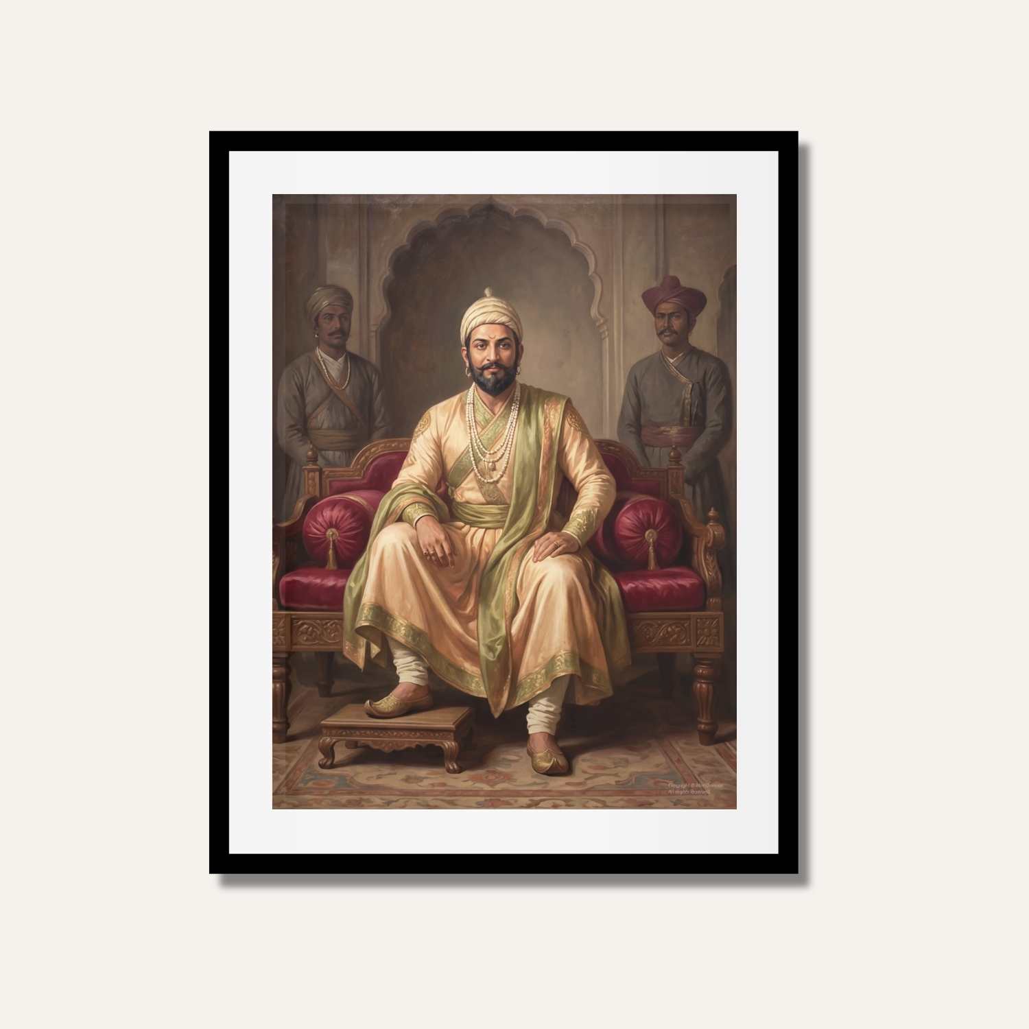 Chhatrapati Shivaji Maharaj Royal Seated Portrait | Edge-to-Edge Oil Painting Print 3 : 4 Vertical Premium Wall Art Canvas by MeriDeewar