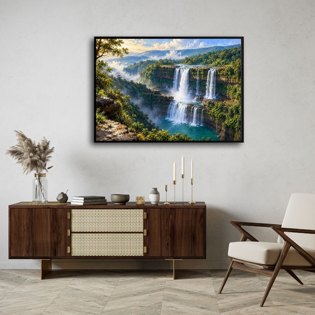 Chitrakote Falls | Tiered Canyon Waterfall Landscape Gallery Wrap Canvas Curate Black Premium Wall Art Canvas by MeriDeewar