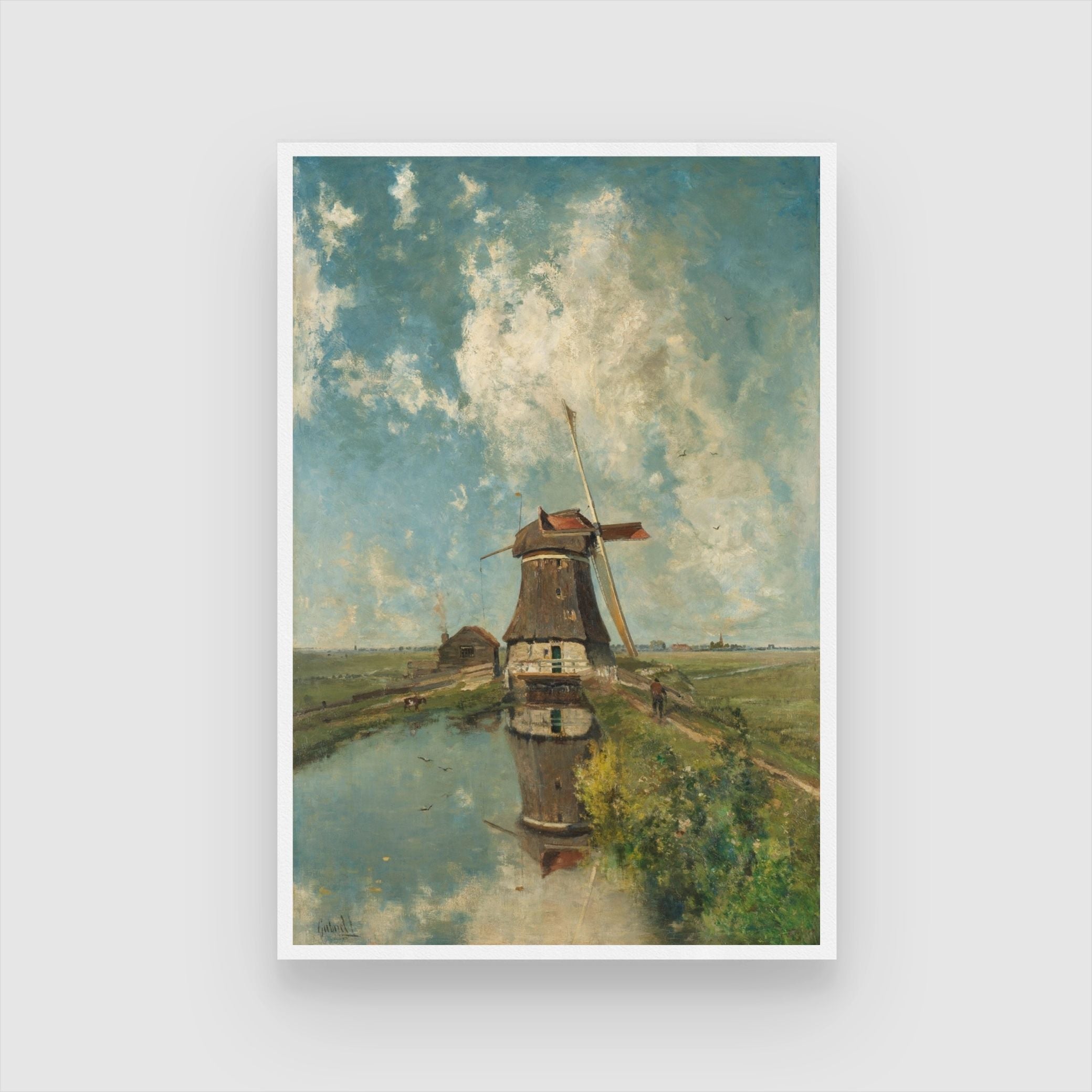 Classic Windmill on Polder Waterway Painting 2 : 3 Vertical Premium Wall Art Canvas by MeriDeewar