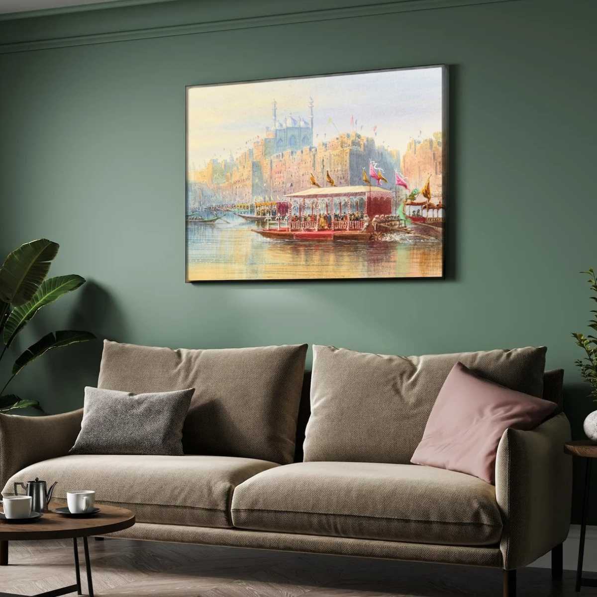 Classical Benares Royal Barge on Ganga Painting | Horizontal Framed Print 2 : 3 Horizontal Premium Wall Art Canvas by MeriDeewar