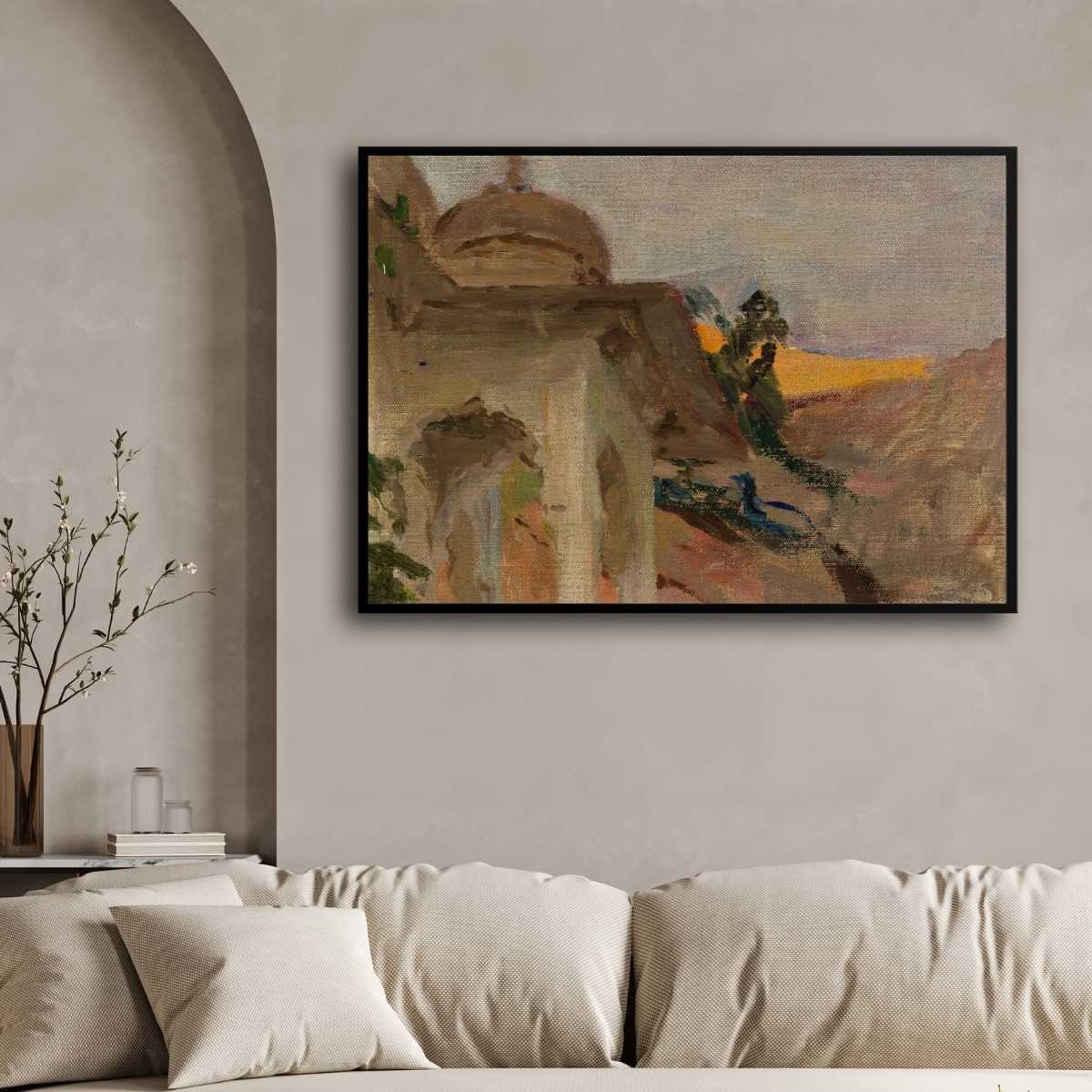 Classical Jaipur Palace with Peacock Oil Painting | Horizontal Framed Print 4 : 3 Horizontal Premium Wall Art Canvas by MeriDeewar