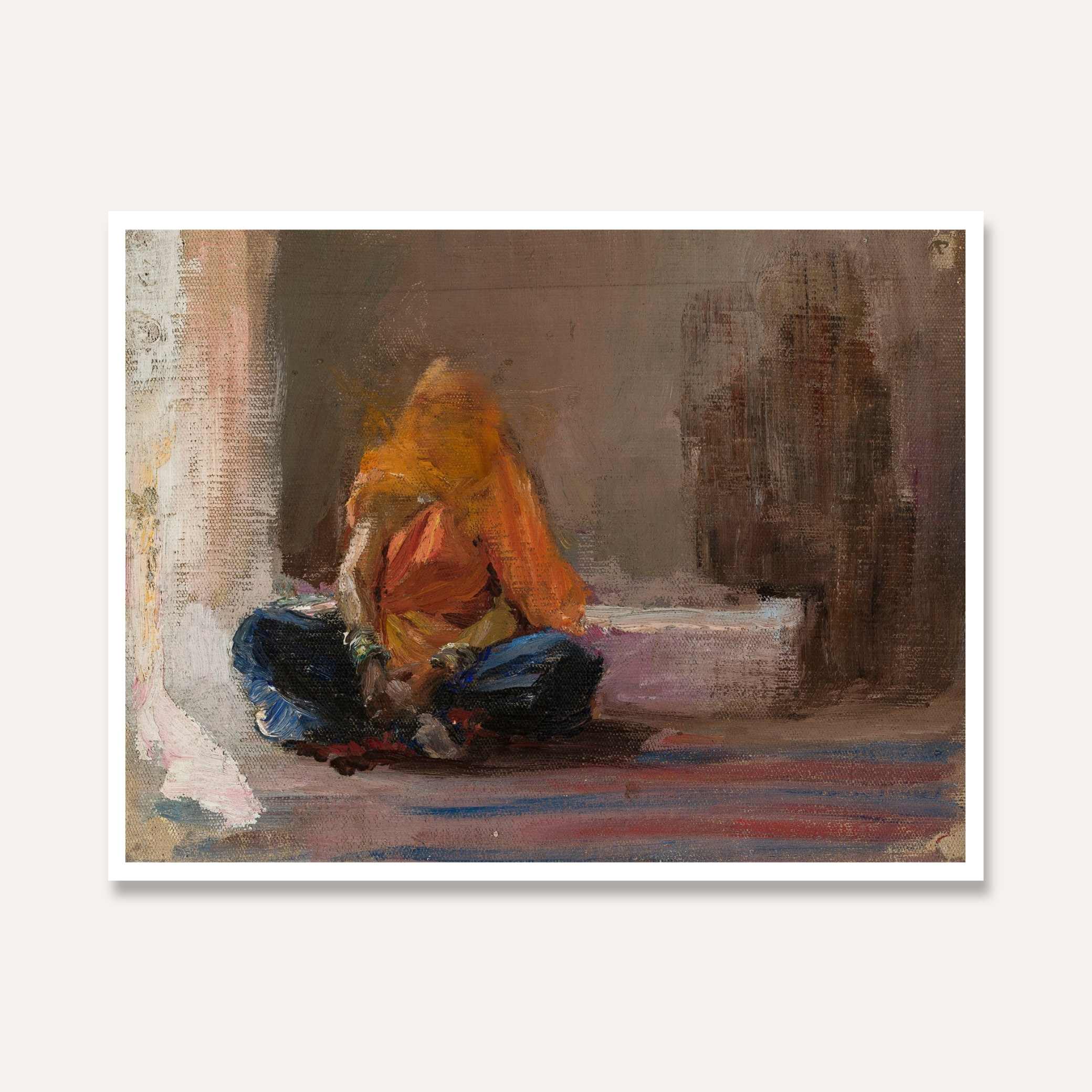 Classical Seated Indian Woman Oil Painting | Horizontal Framed Print 4 : 3 Horizontal Premium Wall Art Canvas by MeriDeewar