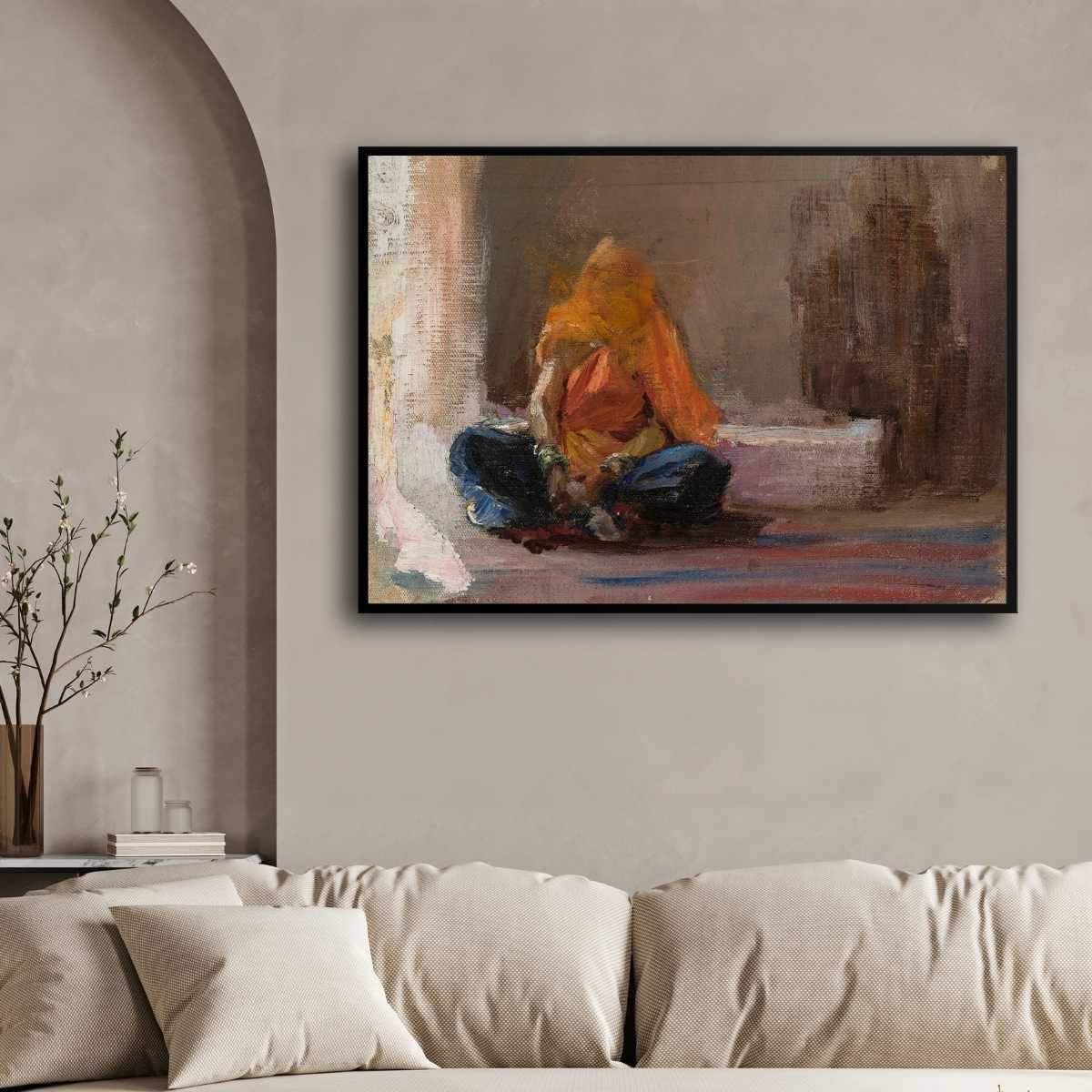 Classical Seated Indian Woman Oil Painting | Horizontal Framed Print 4 : 3 Horizontal Premium Wall Art Canvas by MeriDeewar