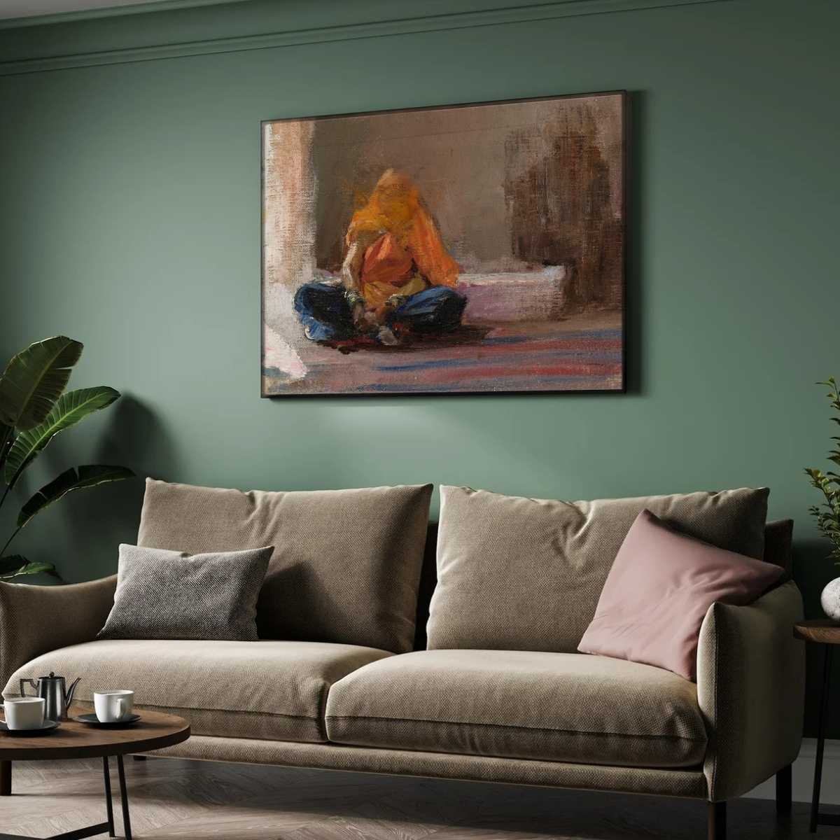 Classical Seated Indian Woman Oil Painting | Horizontal Framed Print 4 : 3 Horizontal Premium Wall Art Canvas by MeriDeewar