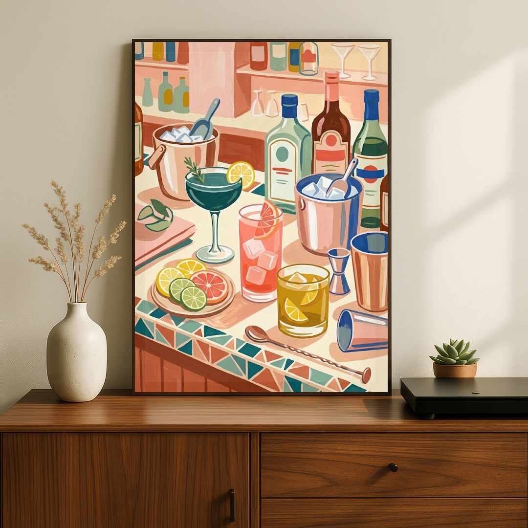 "Cocktail Hour Bar Cart" Vibrant Mixology Art Poster | Vertical Borderless Art Frame Poster Premium Wall Art Canvas by MeriDeewar